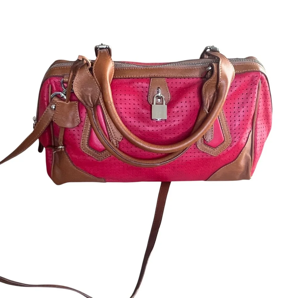 Sundance Red Perforated Leather Satchel Handbag Purse Shoulder Strap Lock Italy‎